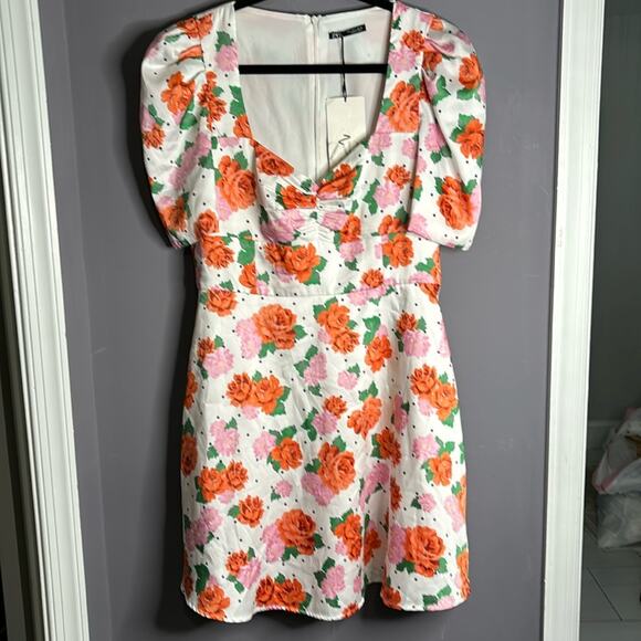 Zara Pink and Orange Floral Puff Sleeve Dress Sweetheart Neckline Size Large - Picture 8 of 8